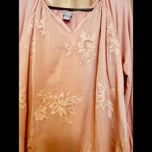 - Chico’s Soft V Neck Top with sheer floral  overlay and  long sleeves